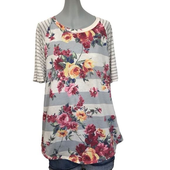 12 pm by Mon Ami Floral Stripes T-Shirt Size large - Picture 1 of 7